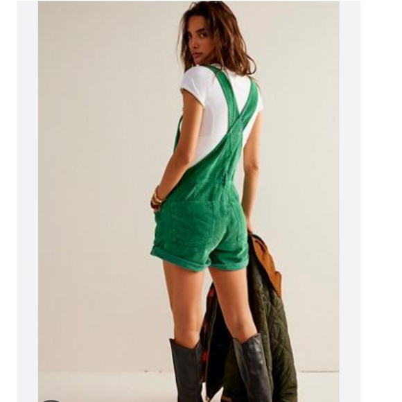 Free People We The Free Ziggy Cord Shortall Emerald Green Corduroy Overalls L - Picture 2 of 9